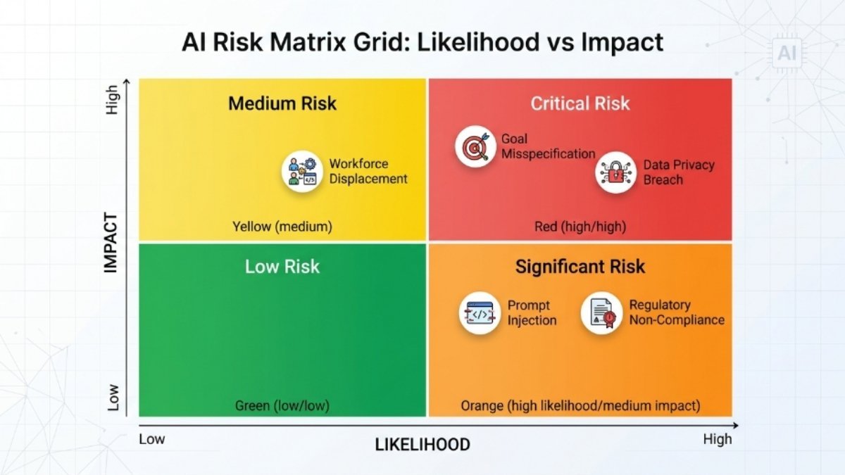 Risk matrix for enterprise agentic AI deployment covering security, alignment and regulatory dimensions including EU AI Act compliance